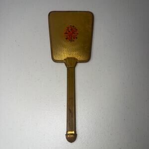 Rare Vintage 1950s Gold Tone Brass Hand Held Vanity Mirror Art Deco Victorian